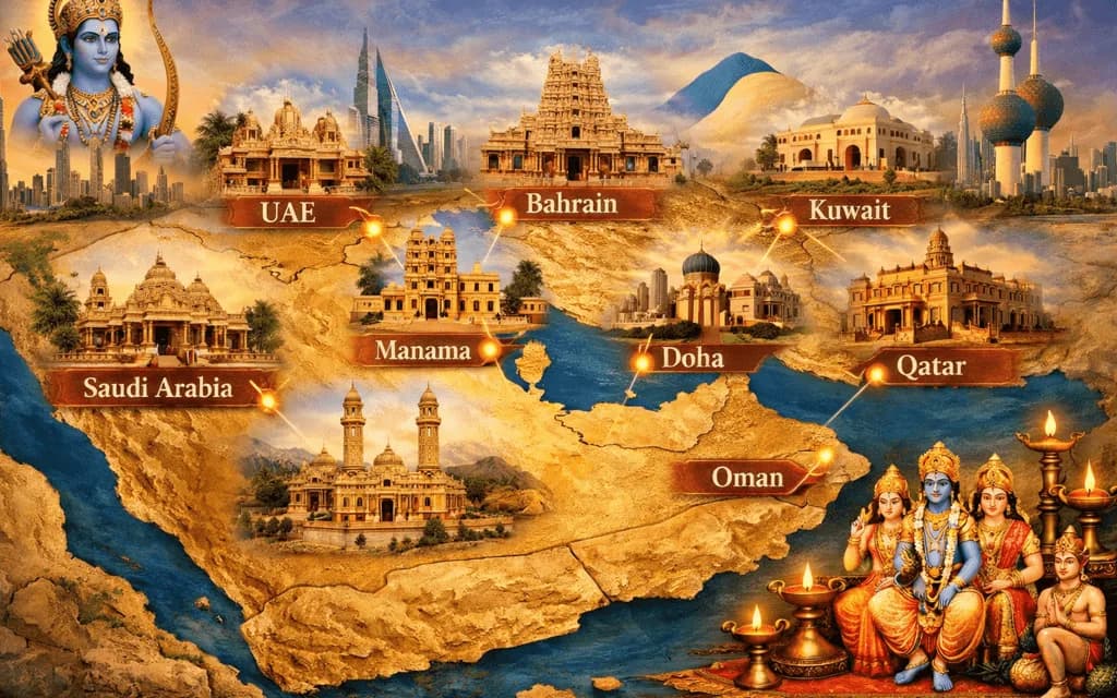 Sri Rama Temples and significant Rama worship centres across the Gulf Cooperation Council (GCC) countries (UAE, Bahrain, Oman, Qatar, Kuwait, Saudi Arabia).