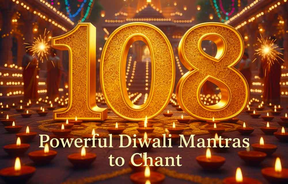 A prominent, large, three-dimensional number "108" in a golden or glowing texture is centered over a vibrant Diwali celebration background. The backdrop features colorful lights, strings of marigold flowers, traditional earthen lamps (diyas), and soft fireworks or sparklers, signifying the '108 Powerful Diwali Mantras'.
