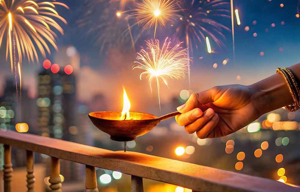 A nighttime scene of a traditional Mithila-style house or architecture in Darbhanga, illuminated by the warm, golden glow of numerous lit earthen lamps (diyas). The courtyard features an intricate, vibrant rangoli pattern made of colored powder or flowers. Strings of bright LED fairy lights outline the roofline and windows, adding to the festive atmosphere. There are decorative clay or brass lamps shaped like traditional objects. The focus is on the lights, the intricate decorations, and the architecture, with no people visible."