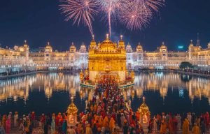 A magnificent night view of the Golden Temple during Bandi Chhor Divas, celebrating the return of Guru Hargobind Sahib Ji and 52 Hindu kings, with the entire complex glowing in celebratory light