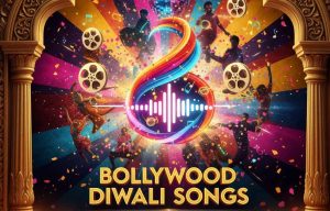 A vibrant, stylized background featuring a spinning film reel overlaid with traditional Diwali elements: fireworks, gold accents, and deep jewel-tone fabrics. The scene includes stylized musical notes and an ornate, glowing record disc, symbolizing a collection of festive Bollywood songs