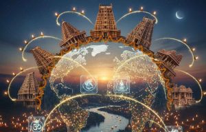 A celestial-themed graphic depicting the concept of global unity during Karthika Masam, featuring Earth subtly overlaid with traditional Indian patterns and lights, symbolizing the connection of Hindus across continents.