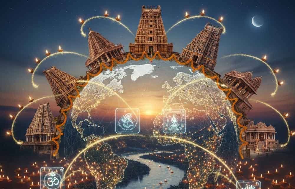 A celestial-themed graphic depicting the concept of global unity during Karthika Masam, featuring Earth subtly overlaid with traditional Indian patterns and lights, symbolizing the connection of Hindus across continents.