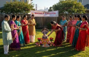 A group of people, dressed in traditional Indian clothing, are gathered in a suburban backyard in the USA, celebrating Nagula Chavithi. They are performing rituals around a decorated snake idol. In the background, houses and a banner are visible, with the Golden Gate Bridge faintly recognizable in the distance, indicating a celebration of Indian culture abroad
