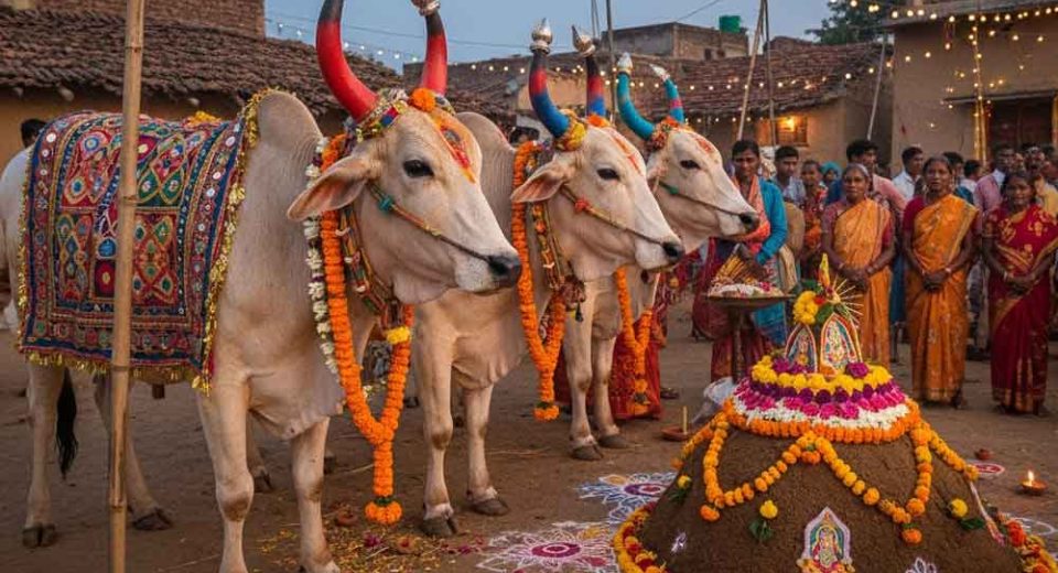 Cows Are Decorated and Worshipped During Govardhan Puja