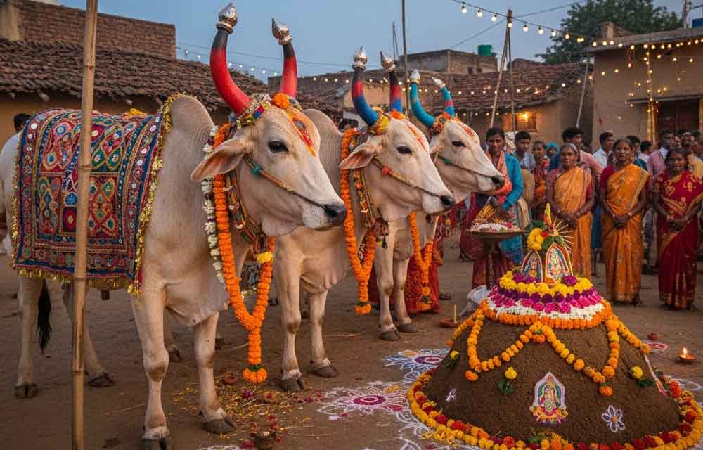 Cows Are Decorated and Worshipped During Govardhan Puja