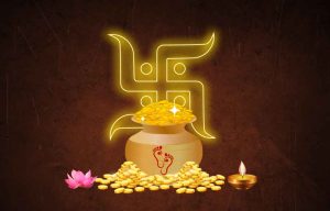 A Dhanteras display in the USA without people, showcasing auspicious purchases like a gold coin, silver utensil, an electronic gadget, and a gift card, all illuminated by traditional Indian diyas