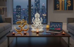 Dhanteras 2025 setup for wealth and prosperity, combining traditional elements like Lakshmi and diyas with modern financial tools, in a contemporary home