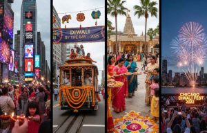 A vibrant collage depicting Diwali celebrations in various US cities for 2025. Scenes include fireworks over Times Square, a decorated cable car for 'Diwali by the Bay - 2025', traditional temple celebrations with women holding diyas and rangoli, and fireworks over the Chicago skyline