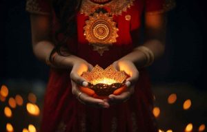 Vibrant Diwali 2025 celebration at Rajwada Palace in Indore, India, featuring over 50,000 glowing diyas, eco-friendly rangoli art, folk dancers, and a bustling night market with poha-jalebi stalls, set against the historic palace and mild autumn weather (18–28°C) on October 20, 2025.