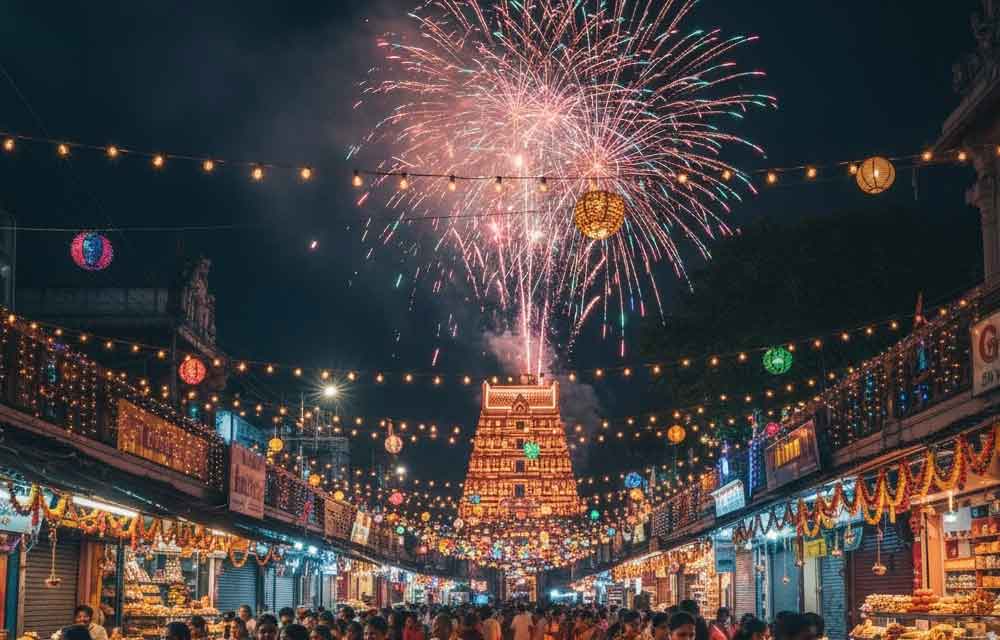 Vibrant Diwali celebration on a temple street in Chennai, featuring a long path of glowing diyas, fireworks over a temple tower, and people celebrating