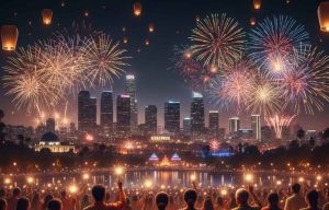 A vibrant Diwali celebration with fireworks and floating lanterns illuminating the night sky over the Los Angeles skyline, with a crowd of people watching and the text "Diwali Celebrations in Los Angeles" overlayed in the foreground.