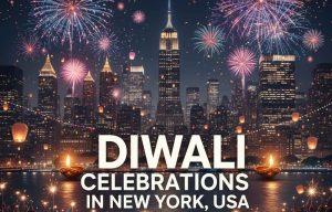 Diwali decorations and fireworks over the New York City skyline at night with the text "Diwali Celebrations in New York, USA" overlayed in the foreground.