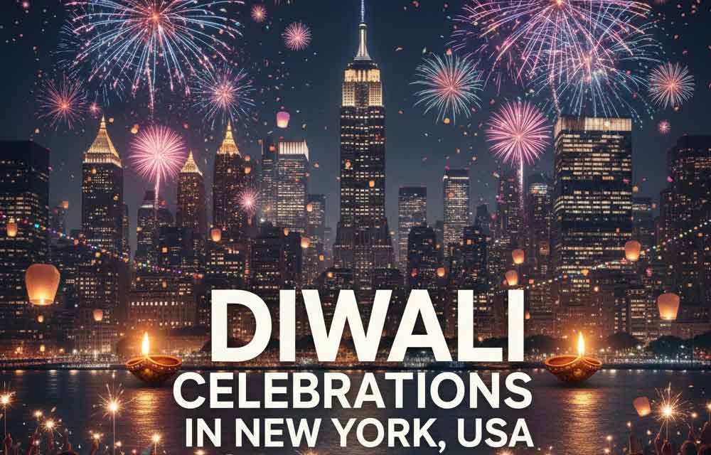 Diwali decorations and fireworks over the New York City skyline at night with the text "Diwali Celebrations in New York, USA" overlayed in the foreground.