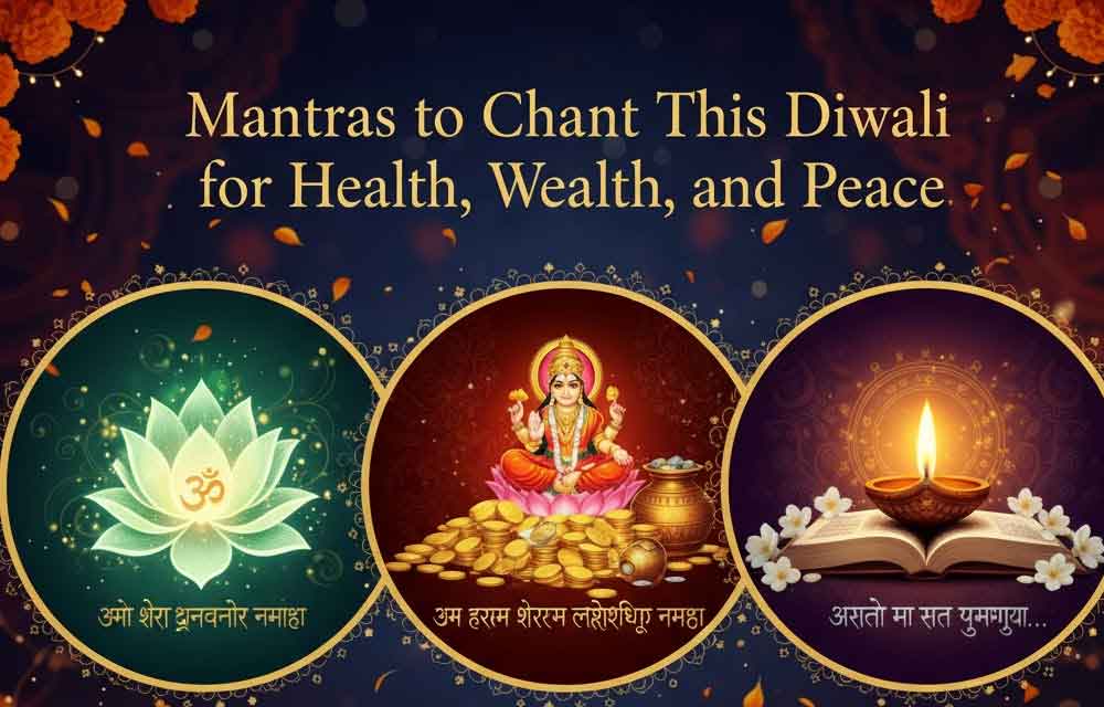 Image featuring a serene Diwali setting with lit oil lamps (diyas) arranged in a pattern, surrounded by vibrant marigold flowers and rangoli designs. Text overlay includes mantras for health, wealth, and peace, such as 'Om Shreem Mahalakshmyai Namah' for prosperity, 'Om Dum Durgayei Namaha' for health, and 'Om Shanti Shanti Shanti' for peace, written in elegant calligraphy against a warm golden background.