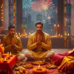 A brightly lit Hindu altar decorated for Diwali, featuring a golden statue of Goddess Lakshmi, numerous lit clay oil lamps (diyas), and trays of sweets and offerings