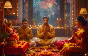 A brightly lit Hindu altar decorated for Diwali, featuring a golden statue of Goddess Lakshmi, numerous lit clay oil lamps (diyas), and trays of sweets and offerings
