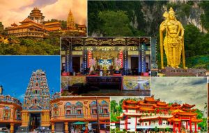 A collage or graphic featuring three of Malaysia's must-visit Hindu temples for Diwali (Deepavali), such as Batu Caves, Sri Mahamariamman Temple, and Sri Kandaswamy Kovil, brightly lit up with diyas and festive lights, with overlaid text referencing Puja Timings and Spiritual Guide