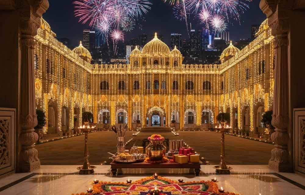 Marwari celebration of Dhanteras and Diwali, featuring women in colorful traditional clothing performing puja with festive lamps and new valuables.