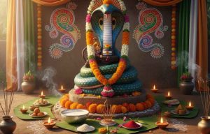 Nag Devta idol with eight-hooded cobra design placed on a decorated altar for Nagula Chavithi 2025 puja, surrounded by milk, flowers, and turmeric.