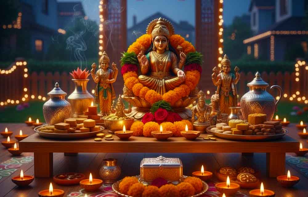 A Dhanteras celebration guide highlighting Hyderabad's specific puja times and the best shopping hours for gold and utensils, set against an image of diyas and an ornate altar