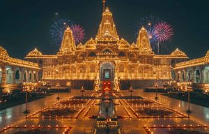 The exterior of a large, ornate Indian temple beautifully illuminated at night for Diwali. The entire structure is covered in thousands of bright string lights and hundreds of glowing clay diyas placed on the steps and ledges