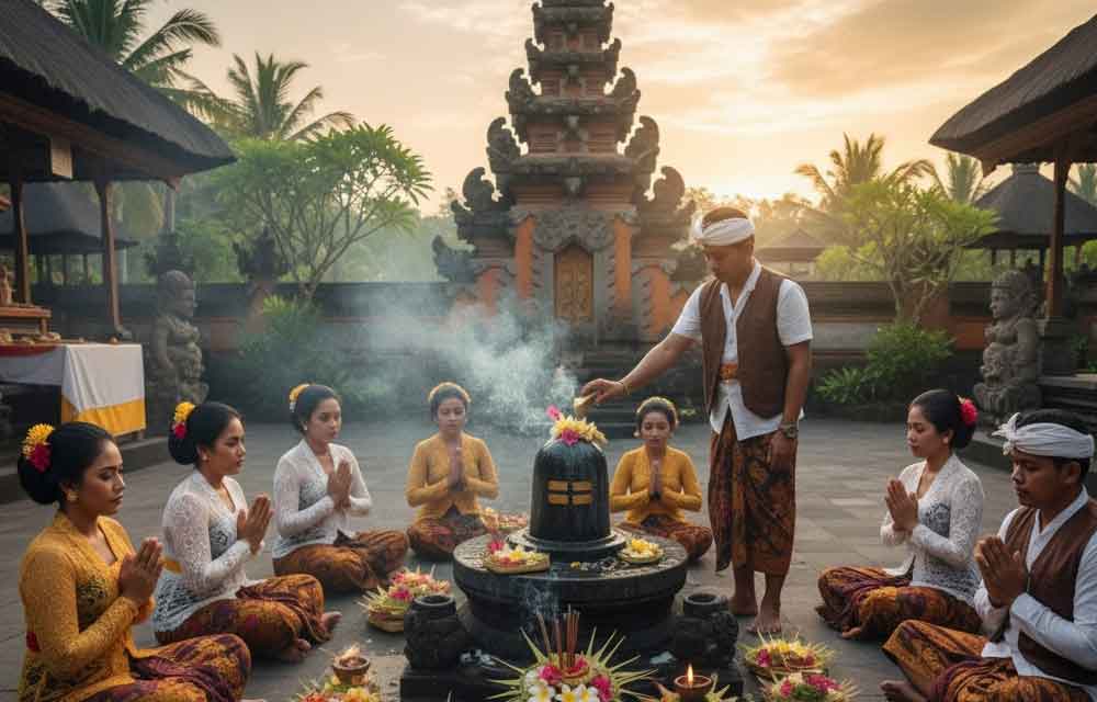 A Hindu devotee performing an aarti or puja ritual dedicated to Lord Shiva, set against the backdrop of a traditional Balinese Hindu temple (Pura) or a serene Indonesian landscape, symbolizing the blending of Karthik Masam observances with the local culture.