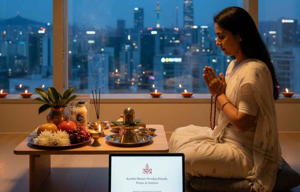 A serene image depicting a Shiva Lingam puja, with traditional Hindu offerings placed on a minimalist altar. In the background, there is a subtle incorporation of a modern South Korean cityscape or a stylized traditional Korean temple, symbolizing the blend of Hindu spiritual tradition with life in South Korea.