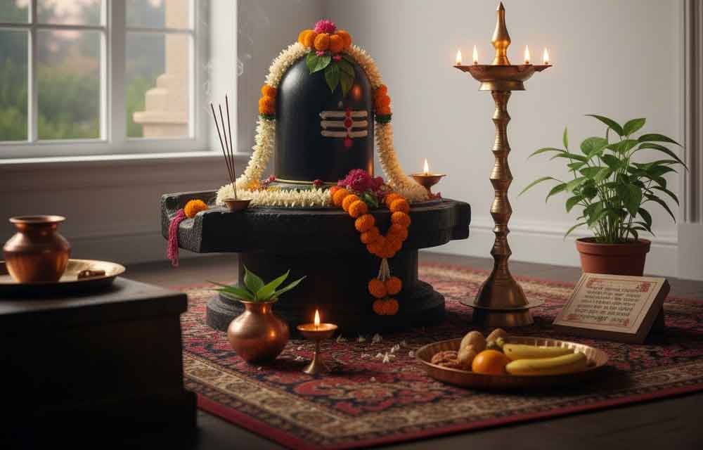 A richly decorated black stone Shiva Linga adorned with marigold garlands, placed on a platform in a temple-like setting. Traditional Hindu puja items are arranged around it, including lit brass oil lamps (diyas), incense sticks emitting smoke, a copper kalasha, and a stack of religious texts (Puranas) on a metal plate, symbolizing the Karthik Masam Monday rituals.
