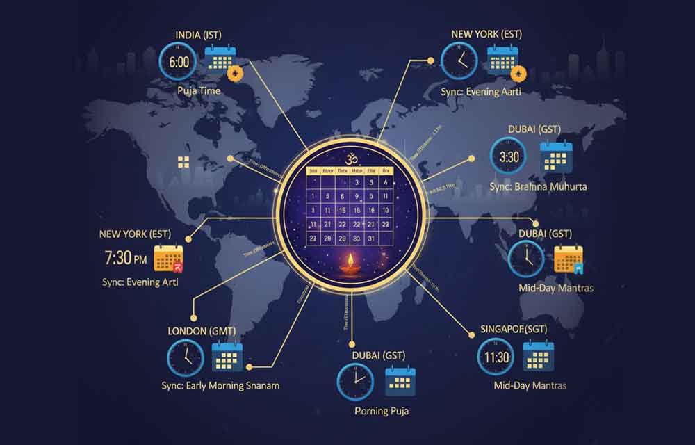 A stylized image of a world map overlayed with a large clock face, showing multiple time zones highlighted. Various Hindu symbols or pooja items are placed at different points on the globe, suggesting synchronization of Indian Standard Time (IST) with global times for NRIs to perform Karthika Masam rituals.