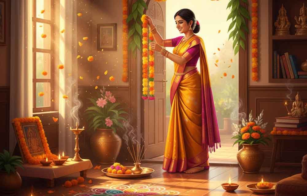 A beautiful digital painting depicting a nighttime scene during Karthika Masam. The central focus is a vibrantly dressed Goddess Lakshmi, seated on a pink lotus pedestal. She is surrounded by several devotees (women dressed in traditional Indian attire) performing aarti (offering lamps). The setting is an ornate South Indian temple courtyard under a large full moon. The ground is adorned with rangoli and offerings of flowers and sweets. The text overlay reads: "Karthika Masam Friday Rituals 2025: A Divine Guide to Lakshmi's Blessings