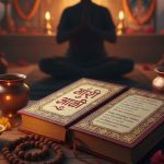 vibrant night scene at a South Indian style temple courtyard during Karthika Masam. The area is filled with a large crowd of devotees, many in traditional clothing, gathered around a decorated central shrine. Numerous brass and clay oil lamps (diyas) are lit and arranged on multi-tiered stands and on the ground, creating a bright, warm glow that illuminates the people and the colorful temple gopuram (tower) in the background under a dark, moonlit sky. Priests in white dhoti perform rituals in the foreground.