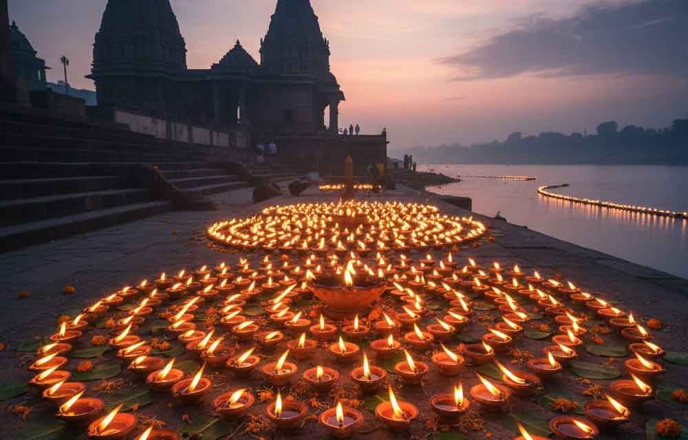 A close-up view of 365 small, traditional oil lamps (deepams) arranged and brightly lit, symbolizing the practice of lighting lamps throughout the sacred month of Karthika Masam. The lamps are glowing warmly in a ritual setting