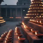 A nighttime scene showing the religious practice of lighting Diyas (earthen lamps) during Karthika Masam, without any people visible.