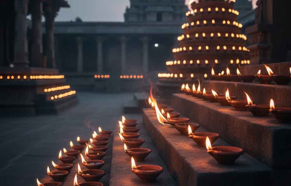 A nighttime scene showing the religious practice of lighting Diyas (earthen lamps) during Karthika Masam, without any people visible.
