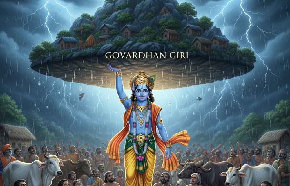ord Krishna lifting Govardhan Hill (Govardhan Giri) to protect the villagers and cows of Vrindavan from Lord Indra’s storm, with dark clouds, lightning, and devotees seeking shelter beneath