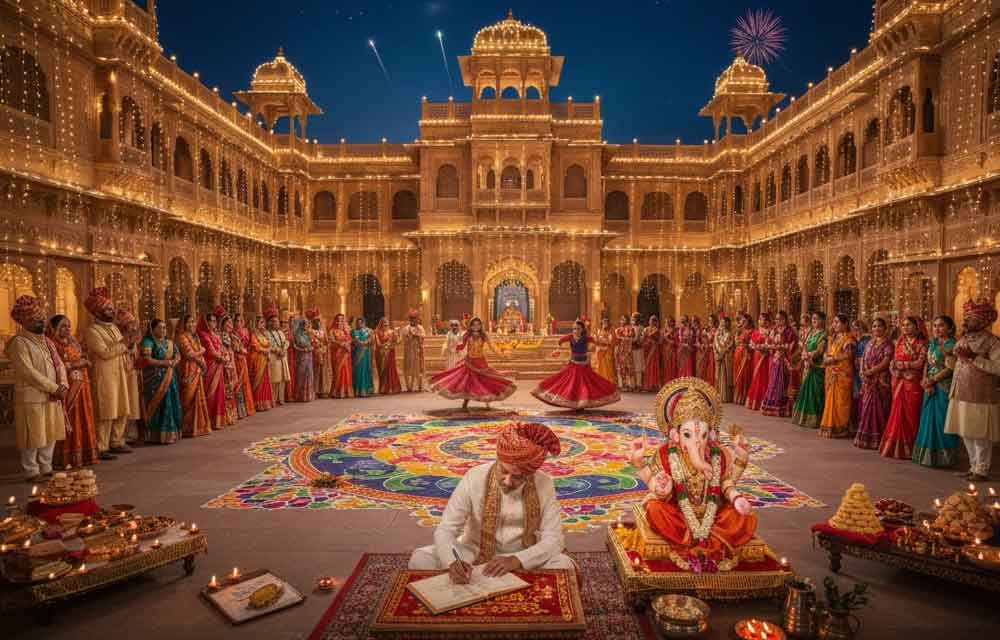 A vibrant night scene capturing a Marwari celebration during Kartik Masam, likely near Diwali or Kartik Purnima. A traditional Rajasthani haveli or temple is illuminated by hundreds of small clay lamps (diyas) for Deep Daan. In the foreground, people dressed in colorful traditional attire, including bandhani and leheriya sarees and turbans, are gathered, symbolizing the community's blend of devotion, prosperity, and cultural richness.
