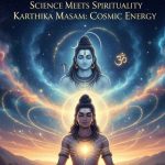 "Science Meets Spirituality: Karthika Masam: Cosmic Energy. The image depicts a figure in deep meditation, seated on a white lotus floating on water at sunset or dawn. Their heart chakra glows with a bright, golden light, symbolizing concentrated cosmic energy. Above them, a stylized image of Lord Shiva, a central deity of Karthika Masam, appears in the celestial sky filled with swirling nebulae and stars, with the 'Om' symbol nearby. The foreground is dotted with many small, lit earthen lamps (diyas), reflecting in the water, emphasizing the spiritual practices of the month. The scene blends earthly tranquility with a vibrant, star-filled, cosmic landscape to illustrate the connection between inner spiritual practice and universal energy."