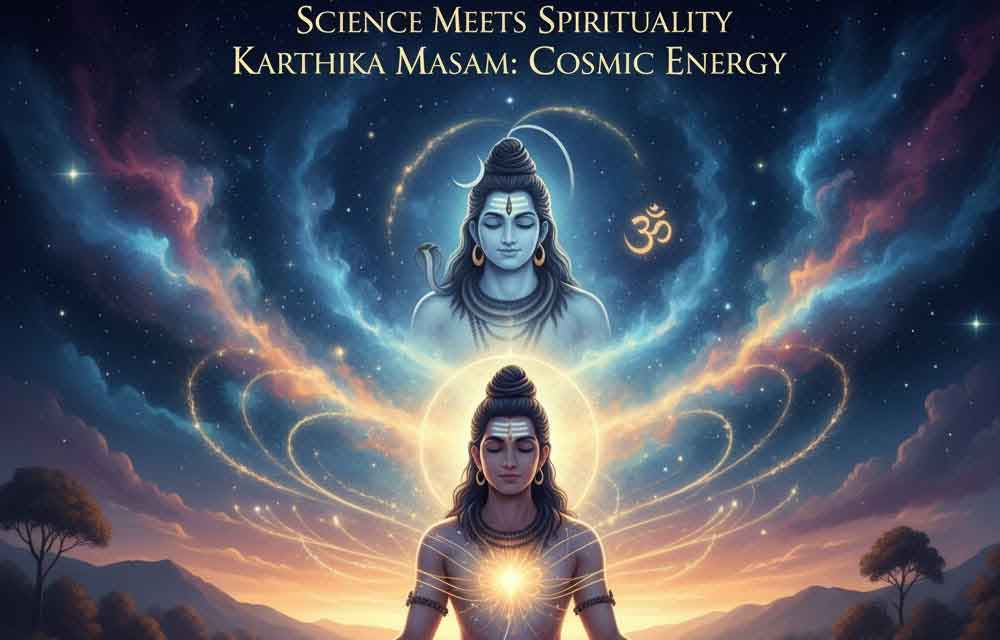 "Science Meets Spirituality: Karthika Masam: Cosmic Energy. The image depicts a figure in deep meditation, seated on a white lotus floating on water at sunset or dawn. Their heart chakra glows with a bright, golden light, symbolizing concentrated cosmic energy. Above them, a stylized image of Lord Shiva, a central deity of Karthika Masam, appears in the celestial sky filled with swirling nebulae and stars, with the 'Om' symbol nearby. The foreground is dotted with many small, lit earthen lamps (diyas), reflecting in the water, emphasizing the spiritual practices of the month. The scene blends earthly tranquility with a vibrant, star-filled, cosmic landscape to illustrate the connection between inner spiritual practice and universal energy."