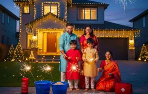 A smiling family of four, dressed in traditional Indian attire, celebrating Diwali safely in front of their house. The father and two young sons are holding sparklers, while the mother kneels nearby. Safety equipment like buckets of water/sand, a fire extinguisher, and a first aid kit are prominently displayed around a colorful rangoli, with the house adorned in festive lights and fireworks in the night sky