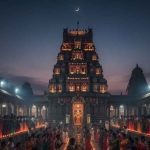 A vibrant night scene at a crowded South Indian style temple, such as the Rahu-Ketu Kshetra in Srikalahasti, during the auspicious month of Karthika Masam. The courtyard is illuminated by hundreds of lit oil lamps (diyas) arranged on tiered stands and on the ground. Devotees in colorful traditional attire and priests in white are gathered around a heavily decorated shrine, with the elaborate temple tower (gopuram) visible in the background under the night sky.