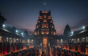 A vibrant night scene at a crowded South Indian style temple, such as the Rahu-Ketu Kshetra in Srikalahasti, during the auspicious month of Karthika Masam. The courtyard is illuminated by hundreds of lit oil lamps (diyas) arranged on tiered stands and on the ground. Devotees in colorful traditional attire and priests in white are gathered around a heavily decorated shrine, with the elaborate temple tower (gopuram) visible in the background under the night sky.