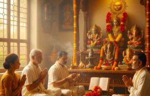 A brightly lit Hindu puja altar set up for a Sunday ritual. The altar features a small brass idol or image of Lord Surya (the Sun God), surrounded by fresh red and orange flowers, lit incense sticks, a copper vessel for water offerings, and a clean cloth