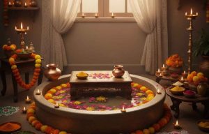A ceremonial scene depicting the traditional Hindu 'Abhyanga Snan' (oil bath) ritual for Diwali. A person is seated in a stone basin filled with water and flower petals, being gently massaged with oil or 'ubtan' by two older women in traditional sarees, surrounded by lit diyas (oil lamps), rangoli patterns, and festive decorations, preparing for Lakshmi Puja