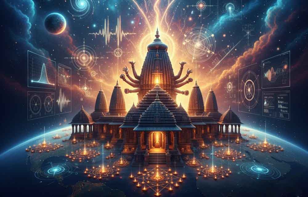 A conceptual image blending scientific and spiritual themes. A grand Hindu temple sits atop a stylized Earth, emanating cosmic energy upwards towards a starry sky filled with nebulae and planets. Surrounding the temple and radiating into space are abstract scientific graphics like waveforms, data visualizations, and interconnected circuits, symbolizing the convergence of cosmic energy and scientific understanding during Karthika Masam