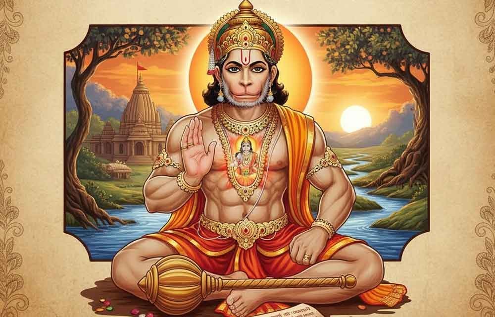 A depiction of Lord Hanuman, the central figure for strength and victory, illustrating the Karthika Masam Tuesday Rituals guide cover.