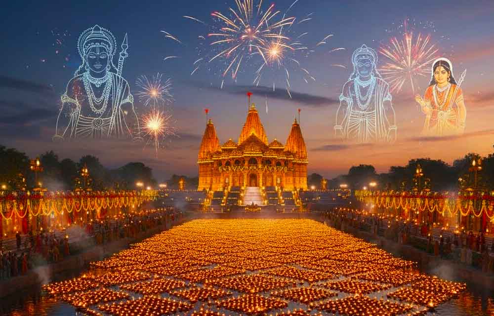 A breathtaking conceptual night view of the Ayodhya Deepotsav, showing millions of lit oil lamps (deepams) lining the banks of a river and covering temple steps, illuminating the entire scene with a massive, golden glow.