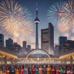 A concept image of Diwali celebrations in Toronto, showcasing a vibrant night scene with crowds gathered around a stage in Nathan Phillips Square, a large rangoli, and the CN Tower illuminated with festive lights and small fireworks.