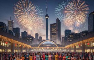 A concept image of Diwali celebrations in Toronto, showcasing a vibrant night scene with crowds gathered around a stage in Nathan Phillips Square, a large rangoli, and the CN Tower illuminated with festive lights and small fireworks.