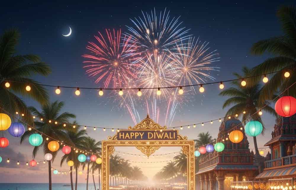 Vibrant night scene of a Diwali celebration in the Caribbean, illuminated by colorful strings of lights and lanterns, with palm trees visible among the festive street decorations and signs.